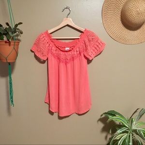 Lace Yoke Salmon Pink Peasant Top Blouse